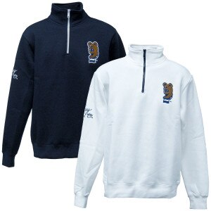 navy and white 1/4 zips with Penn State Nittany Lion mascot on left chest